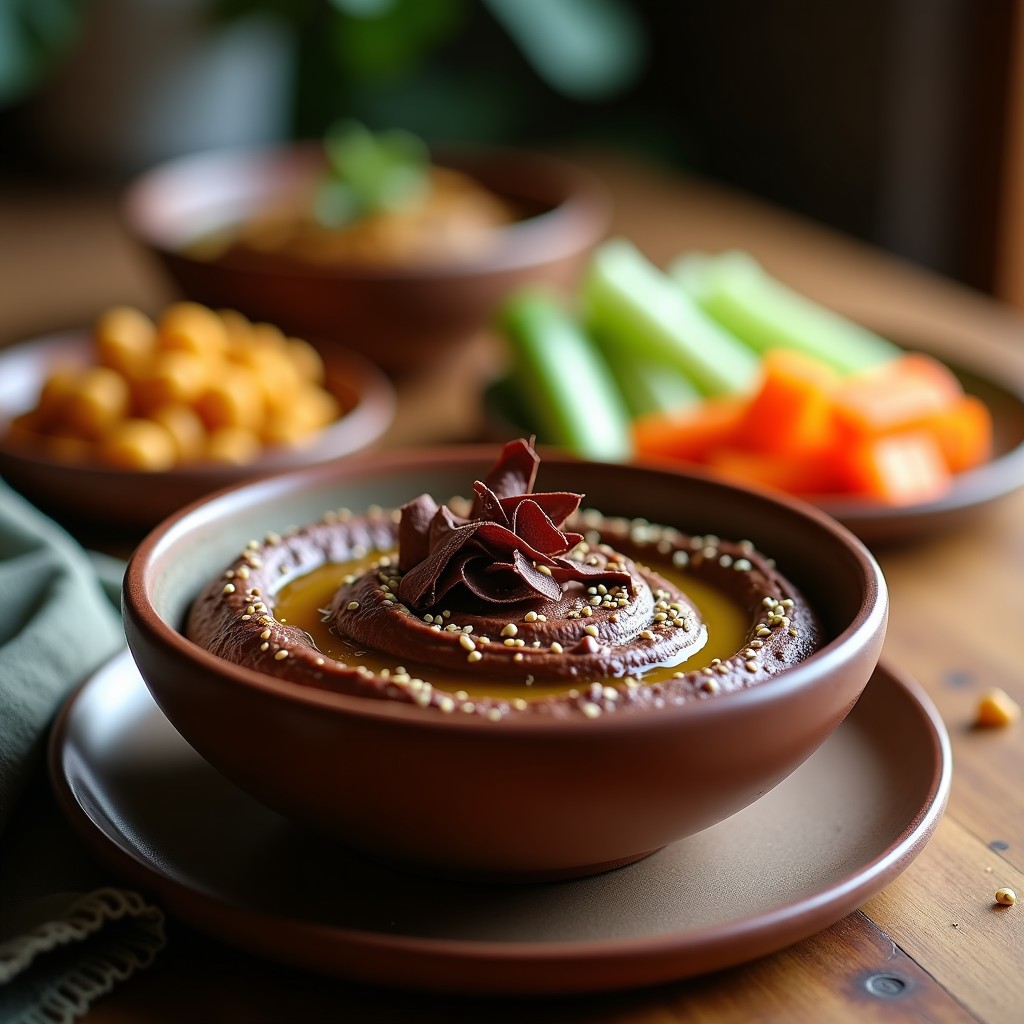 Bol de hummus de cacao proteico negro y cremoso, decorado con virutas de chocolate oscuro, semillas de sésamo y un hilo de aceite de oliva, servido con bastones de zanahoria y apio.
