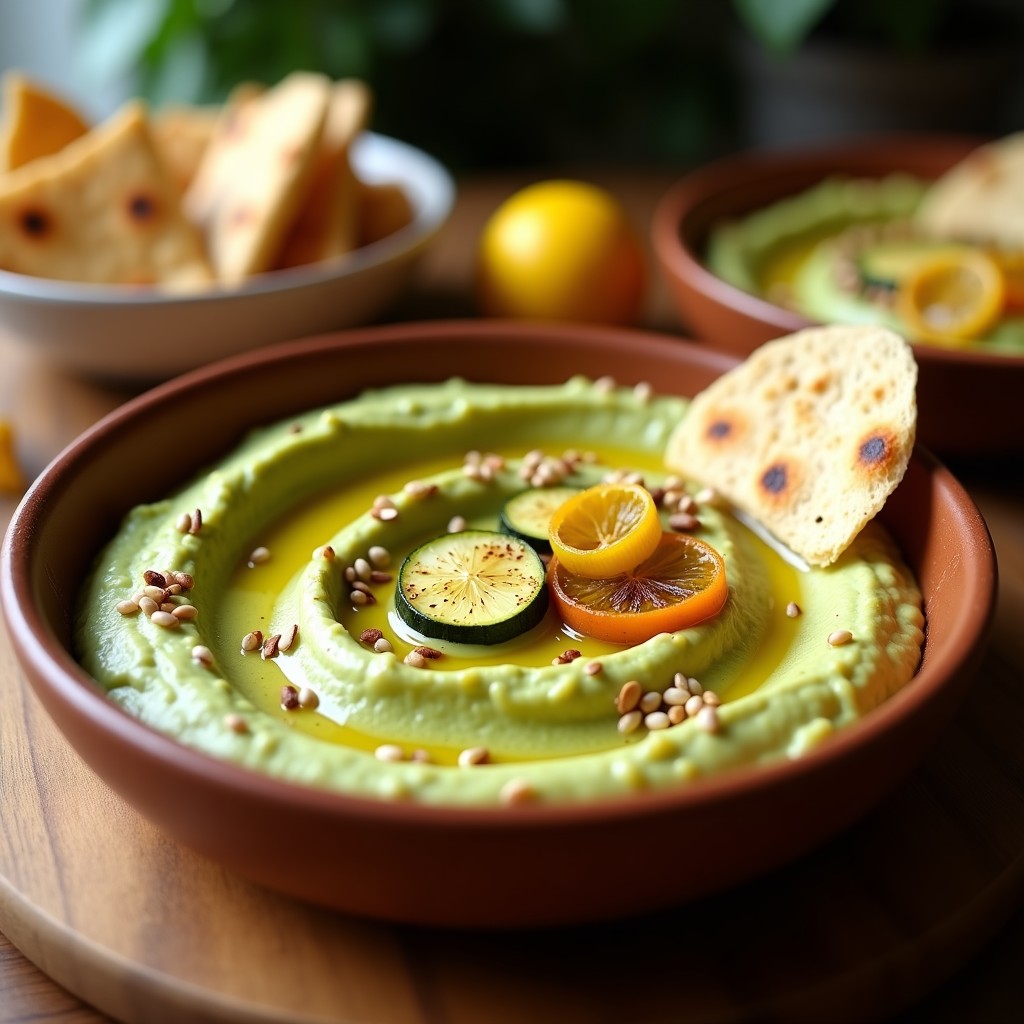 Hummus cremoso de color verde claro con trocitos de calabacín asado, decorado con semillas de sésamo, tahini espiral y rodajas de limón confitado. Servido en bol de cerámica con pan de pita tostado.