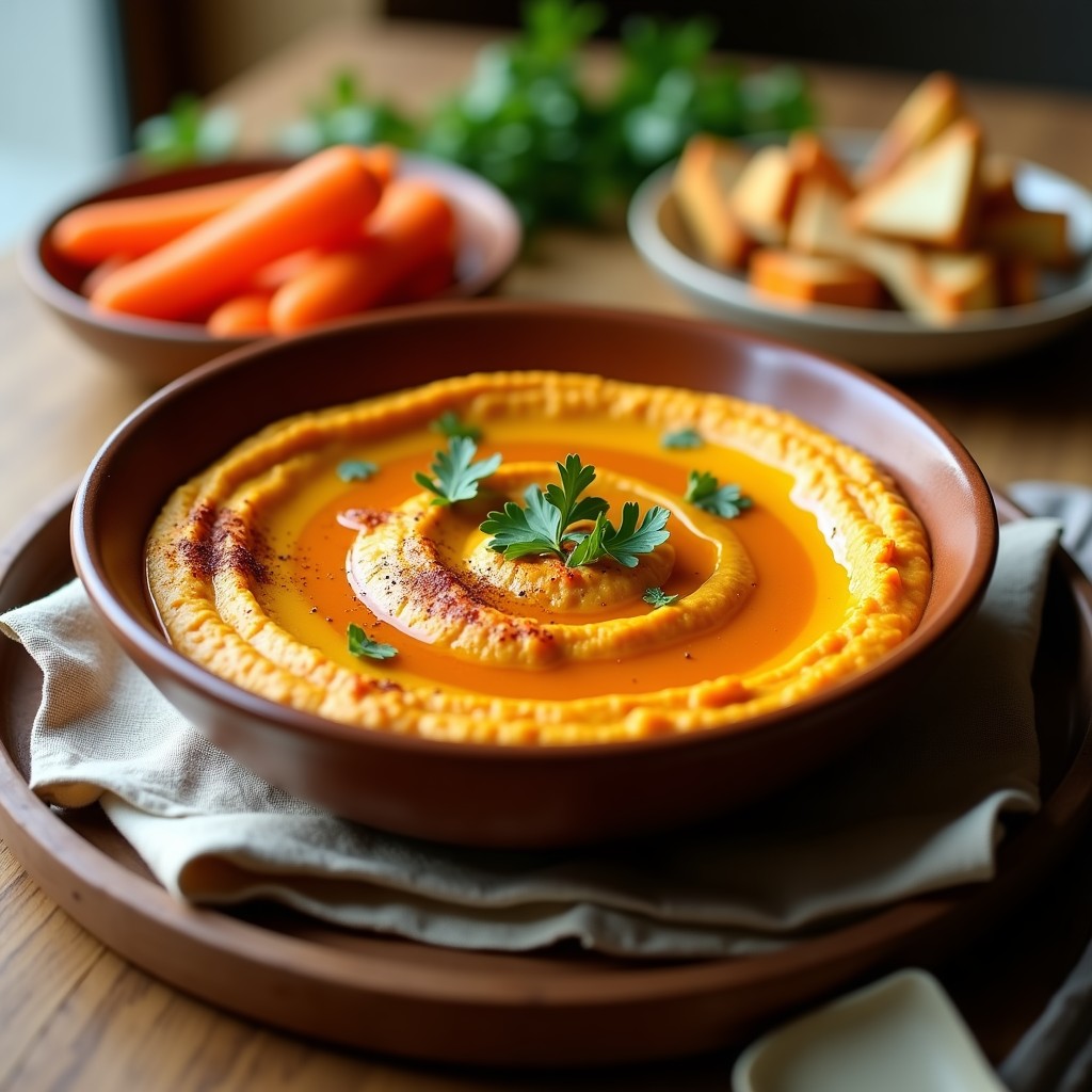 Bol de hummus cremoso de color naranja intenso con vetas de aceite de oliva y pimentón ahumado espolvoreado, acompañado de bastones de zanahoria y pan de pita tostado.