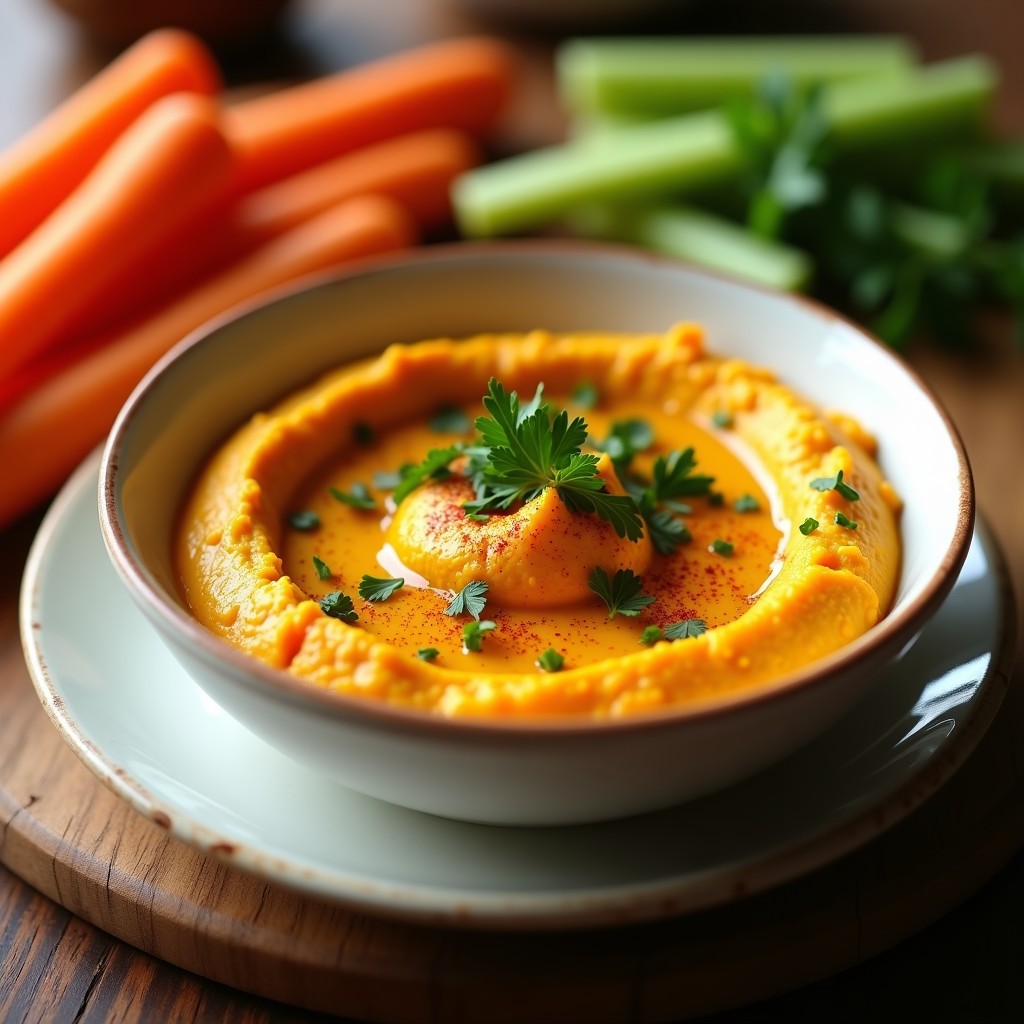 Bol de cerámica blanco con hummus de calabaza asada de color naranja intenso, decorado con perejil fresco, pimentón espolvoreado y un hilo de aceite de oliva, acompañado de bastones de zanahoria y apio, receta airfryer.