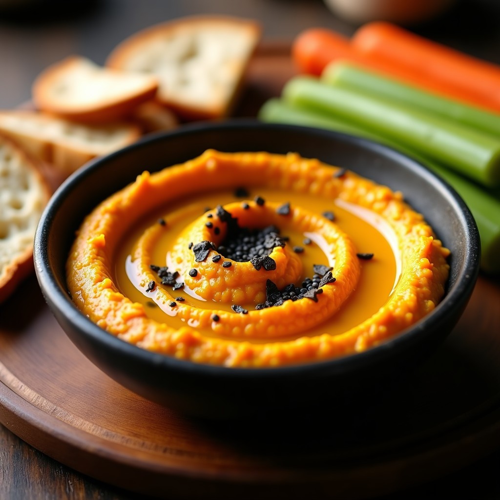 Bol de cerámica negra con hummus cremoso de calabaza asada y trufa negra, decorado con aceite de oliva, semillas de sésamo y virutas de trufa. Acompañado de pan de pita y bastones de zanahoria.