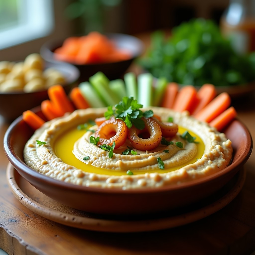 Bol de hummus cremoso de color beige con trozos de calamar asado, decorado con perejil fresco y aceite de oliva virgen extra, acompañado de bastones de zanahoria y apio, receta de hummus de calamar en airfryer.