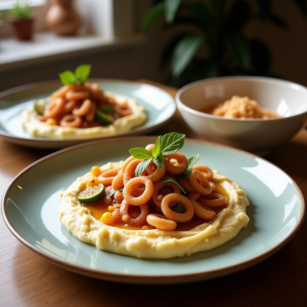 Bol de cerámica blanca con hummus cremoso de color beige, decorado con calamares ahumados dorados, perejil fresco y un hilo de aceite de oliva virgen extra, receta en airfryer.