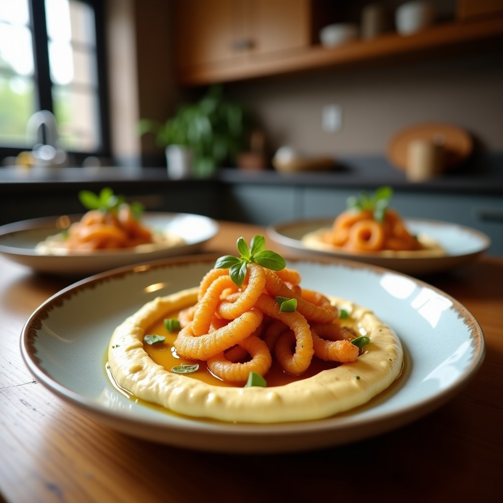 Plato hondo de cerámica blanca con hummus cremoso decorado con garbanzos, perejil y un hilo de aceite de oliva, acompañado de calamares fritos dorados y crujientes con salsa de limón y ajo al lado.