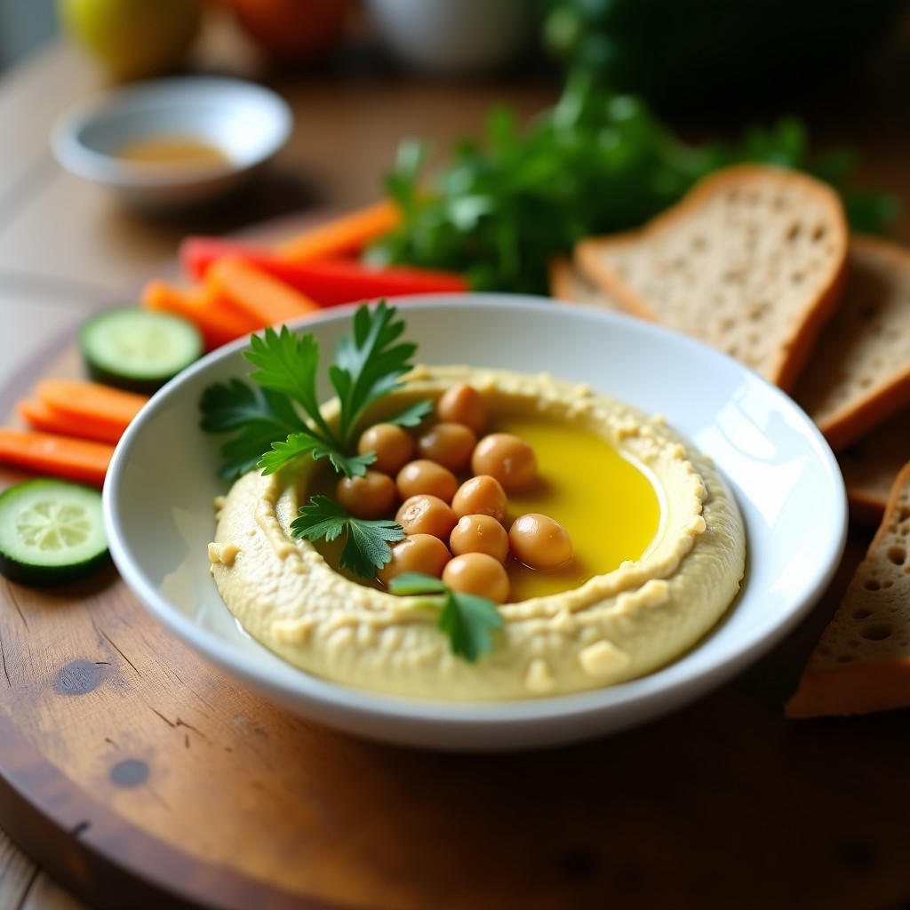 Bol de hummus de calabacín asado en airfryer, cremoso y dorado, decorado con garbanzos, perejil fresco y un hilo de aceite de oliva sobre fondo rústico de madera.