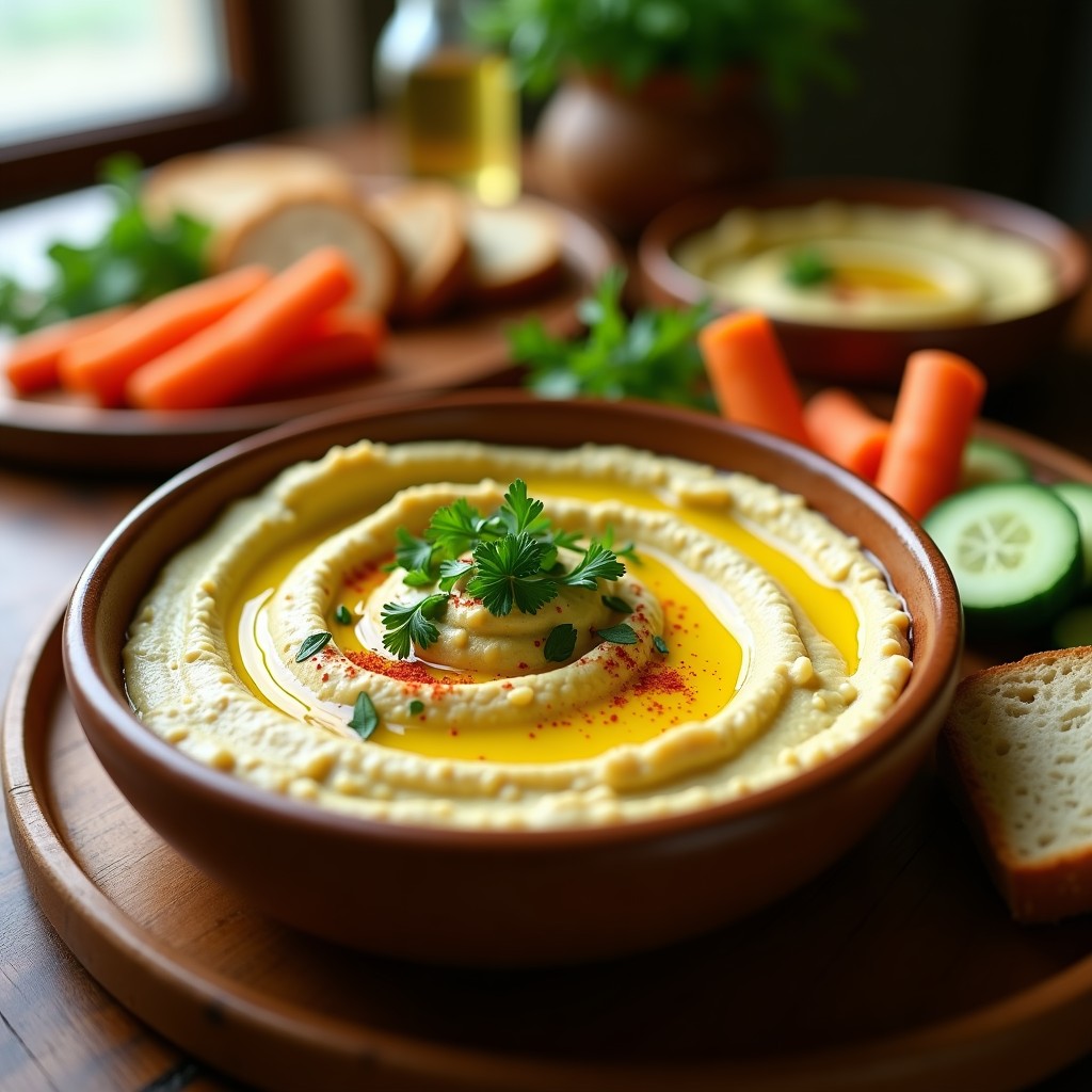 Bol de hummus cremoso de color beige con vetas doradas, decorado con perejil picado, pimentón dulce y un hilo de aceite de oliva, acompañado de bastones de zanahoria y pan sin gluten.