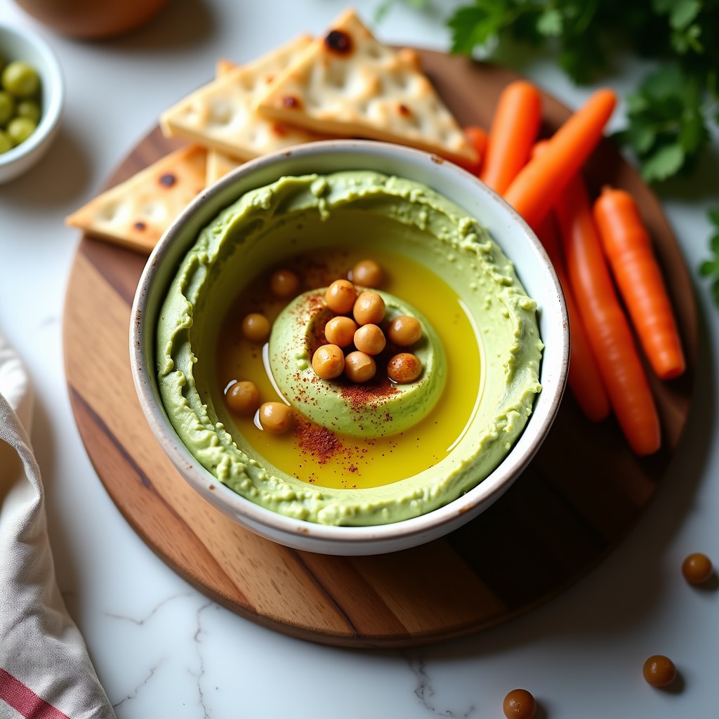 Bol de cerámica blanca con hummus de calabacita ahumada y aceite trufado, decorado con garbanzos enteros, pimentón ahumado y un hilo de aceite de oliva. Acompañado de pan de pita tostado y bastones de zanahoria.