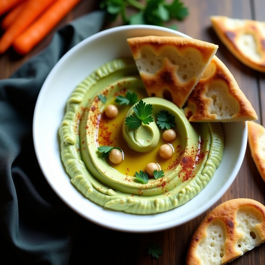 Bol de cerámica blanca con hummus de calabacita ahumada cremoso, decorado con garbanzos, perejil fresco, pimentón ahumado y un hilo de aceite de oliva. Acompañado de bastones de zanahoria y pan de pita tostado.