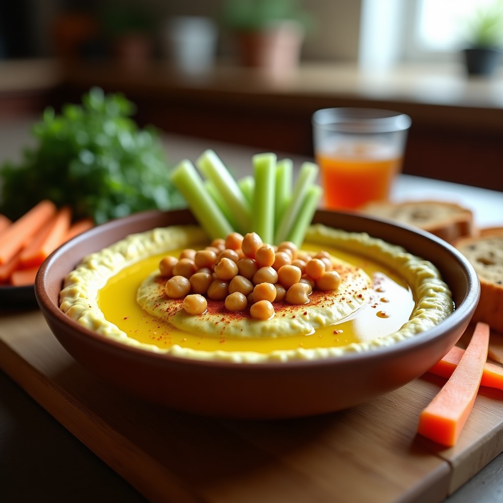 Bol de hummus cremoso de calabacita asada con toques de pimentón ahumado, decorado con garbanzos enteros, aceite de oliva y hierbas frescas, acompañado de bastones de zanahoria y pan sin gluten.