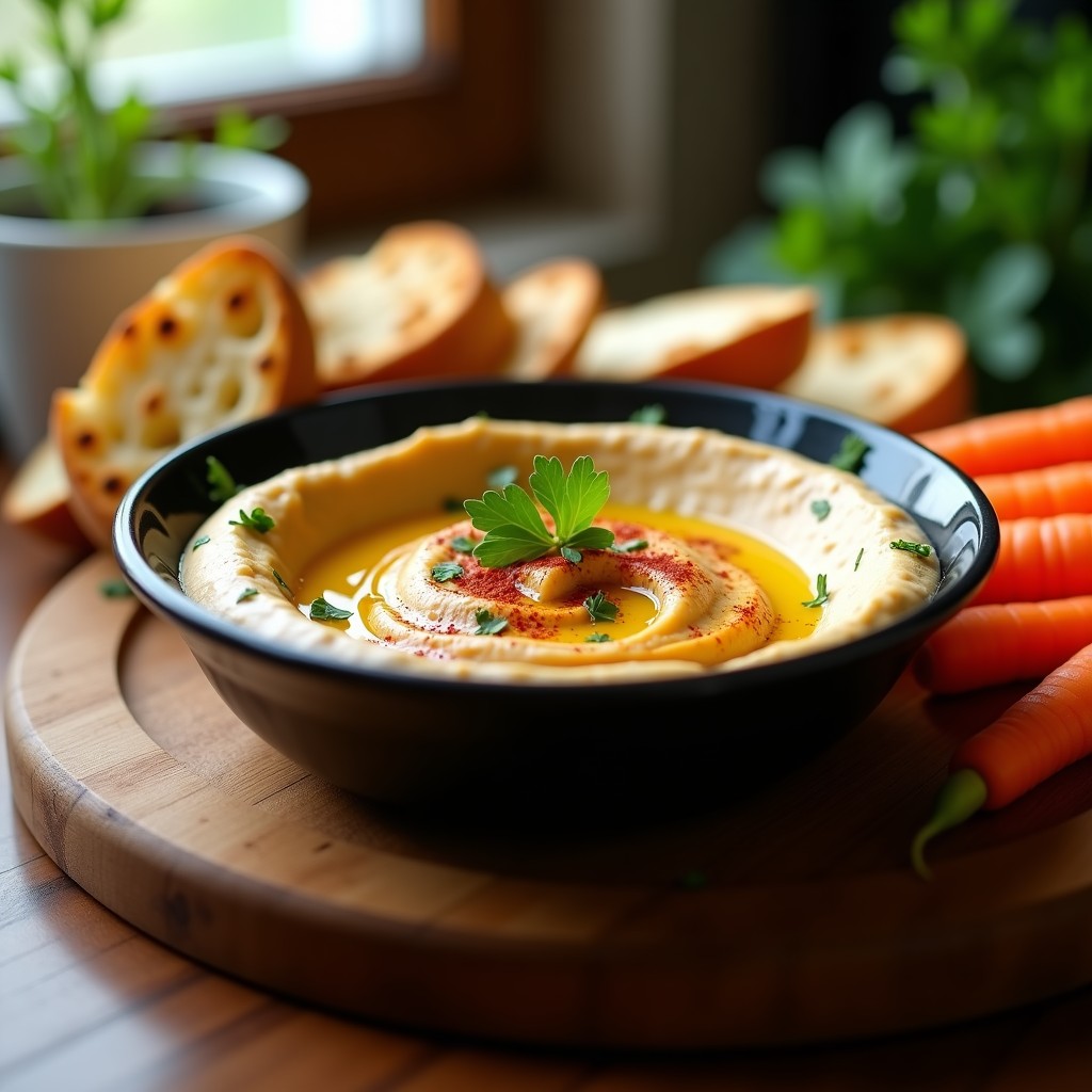 Bol de cerámica negra con hummus de calçots ahumados cremoso, decorado con hilo de aceite de oliva, pimentón y perejil. Acompañado de pan de pita tostado y zanahorias crudas.