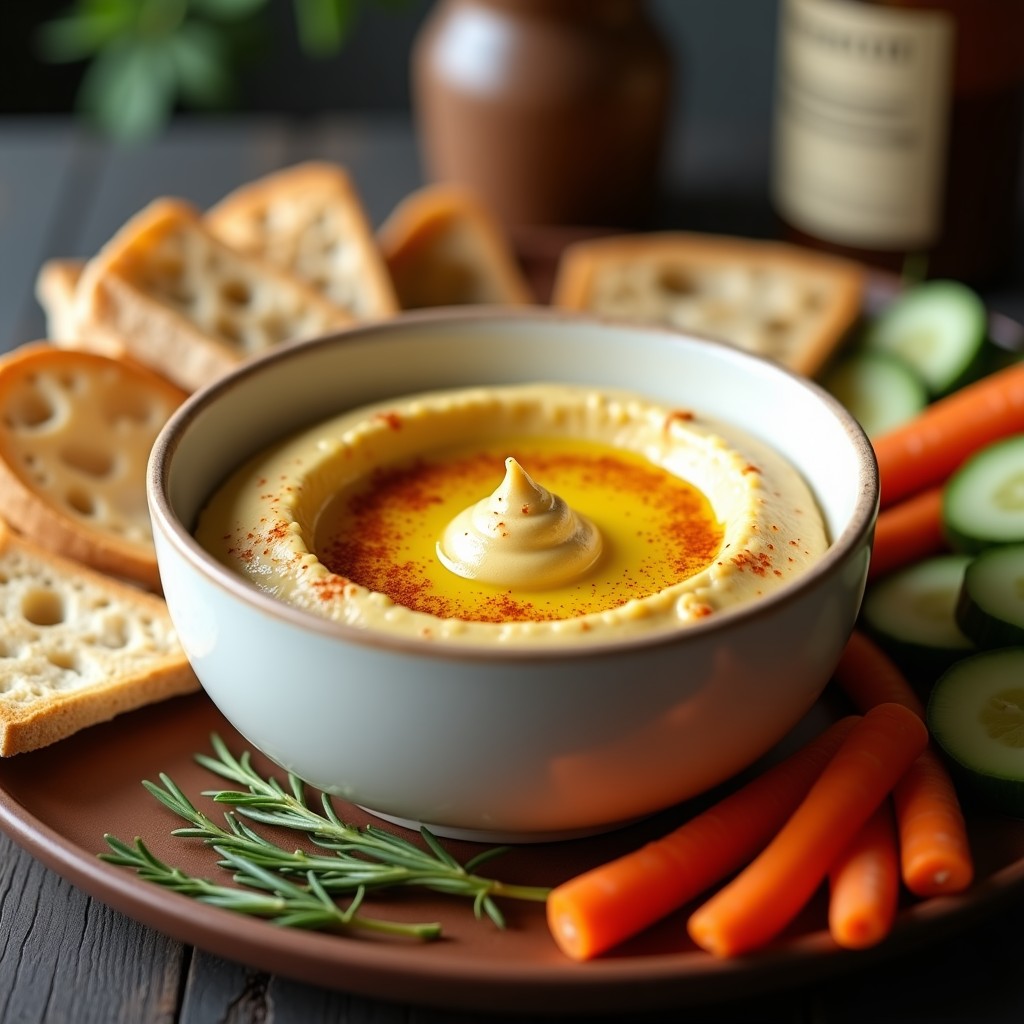 Bol de cerámica blanca con hummus de calçots ahumados cremoso, decorado con pimentón ahumado y aceite de oliva, acompañado de pan de pita y zanahorias crudas.
