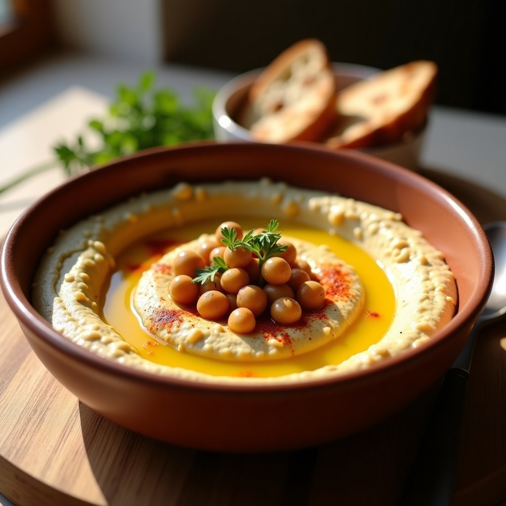Bol de barro rústico con hummus de calçots ahumados, decorado con garbanzos enteros, aceite de oliva virgen extra y pimentón ahumado, acompañado de pan de pita tostado.