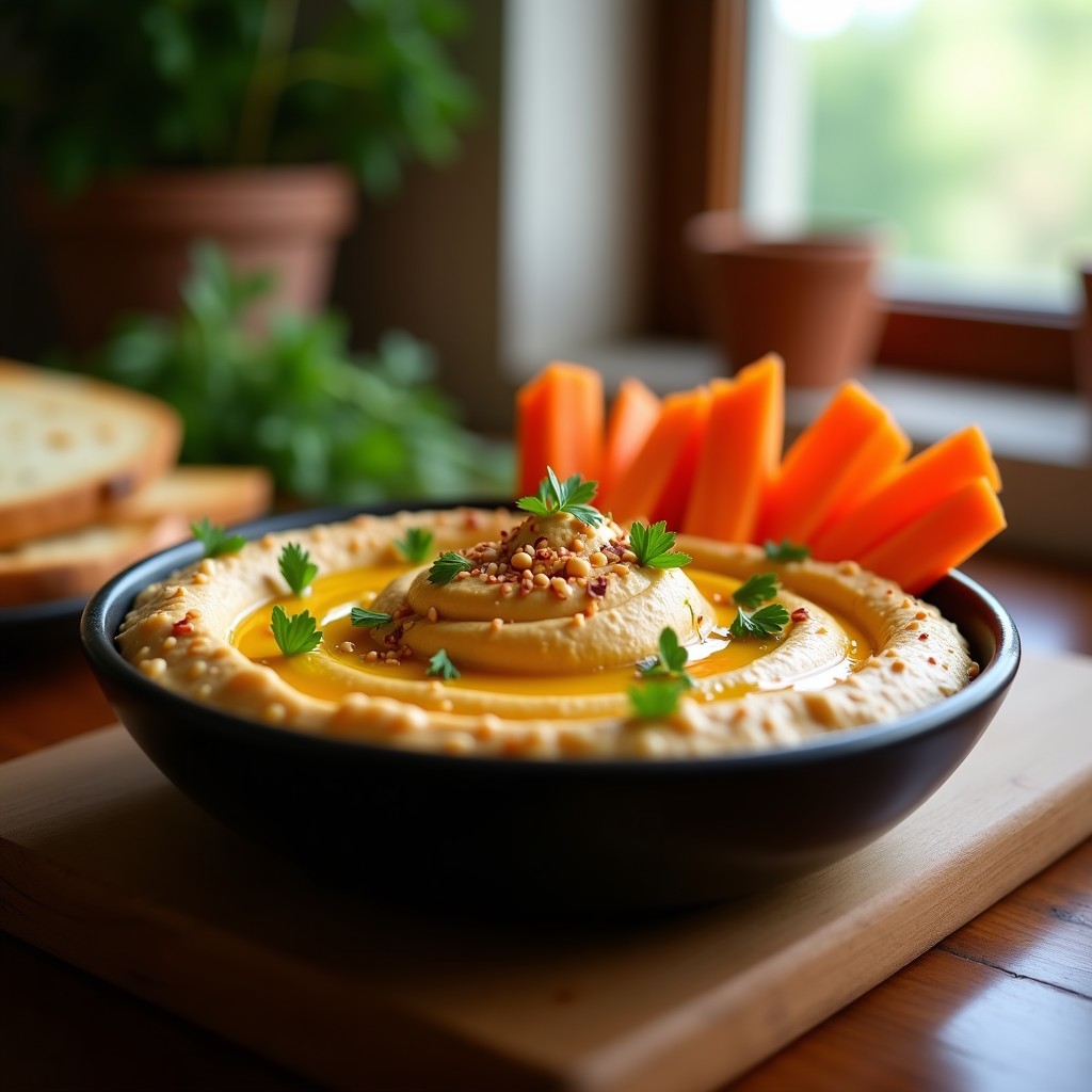Bol de cerámica negra con hummus de chipotle ahumado cremoso, decorado con semillas de sésamo, perejil fresco y un hilo de aceite de oliva, acompañado de bastones de zanahoria y pan pita tostado.