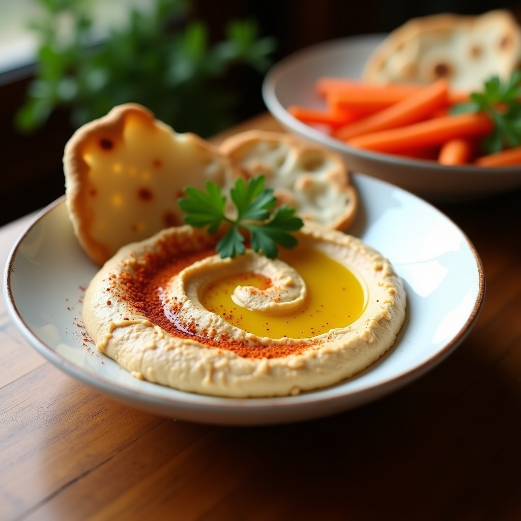 Bol de cerámica blanca con hummus de chipotle ultracremoso, decorado con perejil fresco, pimentón ahumado y un hilo de aceite de oliva. Acompañado de pan pita tostado y zanahorias baby, receta airfryer sin remojo.