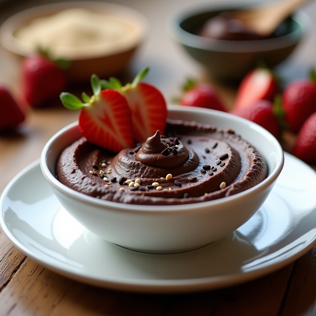 Bowl de porcelana blanca con hummus de chocolate negro cremoso, decorado con virutas de chocolate y semillas de sésamo, acompañado de rodajas de fresa y una cucharita de madera.