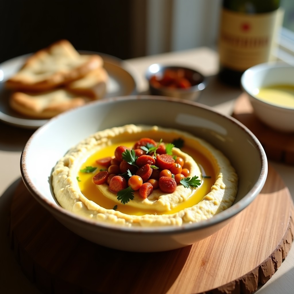 Plato de hummus cremoso con trozos de chorizo ahumado tostado y garbanzos crujientes, decorado con perejil y hilo de aceite de oliva, receta en airfryer.
