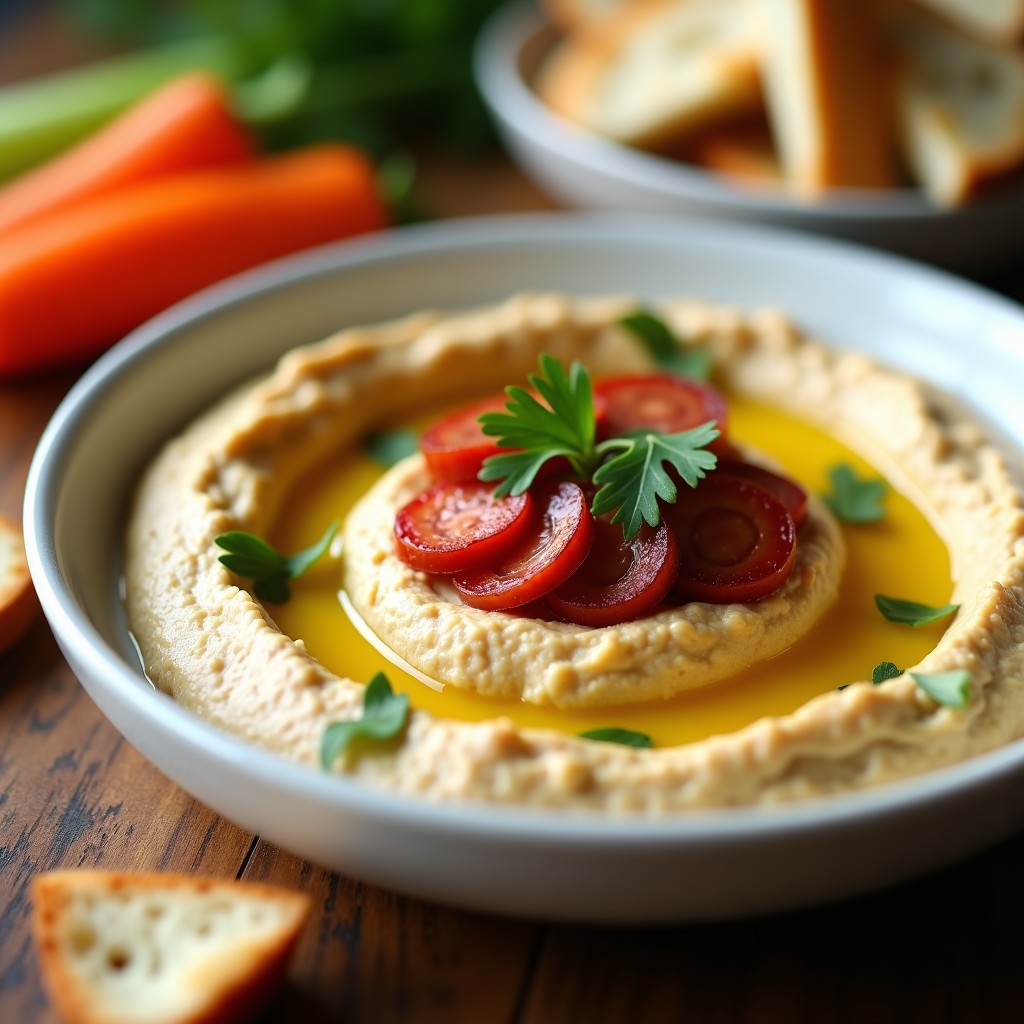 Bol de cerámica blanca con hummus de chorizo ahumado cremoso, decorado con rodajas de chorizo, perejil fresco y un hilo de aceite de oliva. Acompañado de pan pita y bastones de zanahoria.