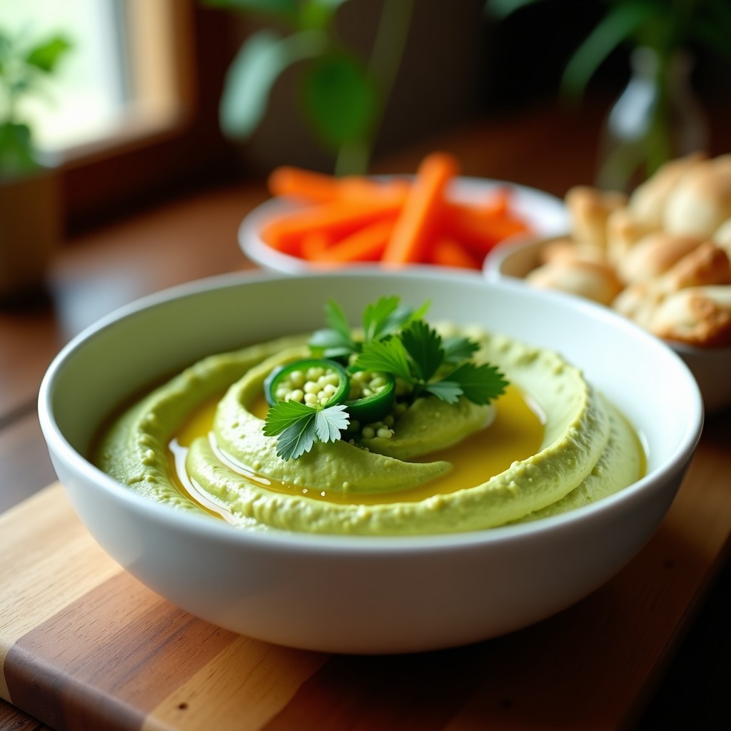 Bol de cerámica blanca con hummus cremoso de cilantro y jalapeño, decorado con aceite de oliva, hojas de cilantro y rodajas de jalapeño, acompañado de pan de pita tostado y zanahorias crudas.