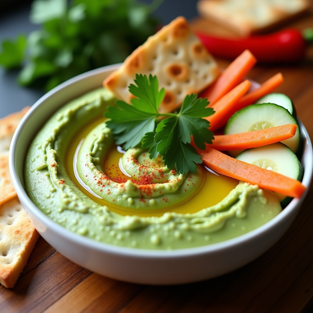 Bol de cerámica blanca con hummus de cilantro y lima ahumada, decorado con hojas de cilantro, pimentón ahumado y un hilo de aceite de oliva, acompañado de pan pita tostado y bastones de zanahoria.