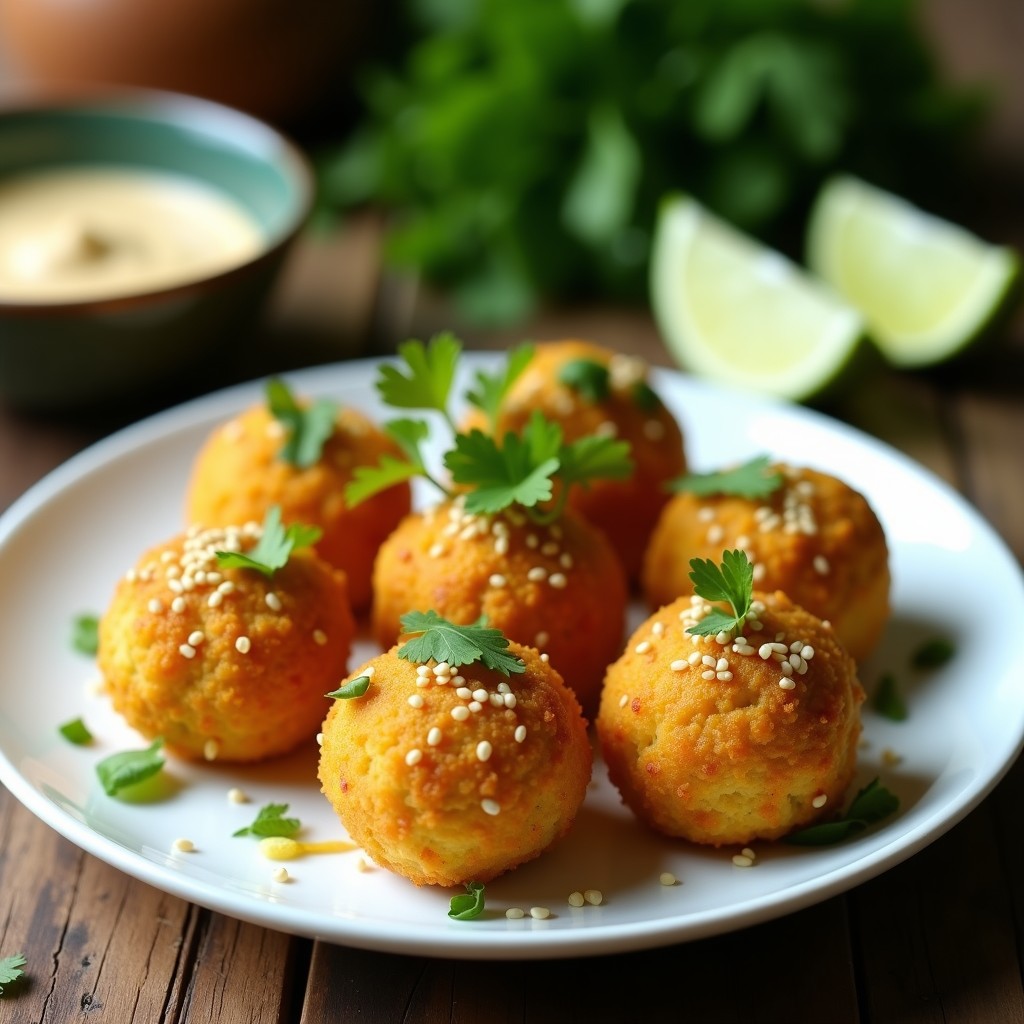 Plato blanco con bolitas doradas de hummus de cilantro y lima horneadas en airfryer, decoradas con semillas de sésamo y hojas de cilantro fresco.