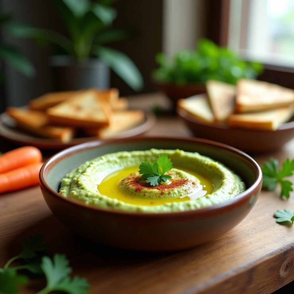 Bol de hummus cremoso de color verde claro con vetas de aceite de oliva, decorado con hojas de cilantro fresco y pimentón ahumado, acompañado de pan de pita tostado y zanahorias baby.