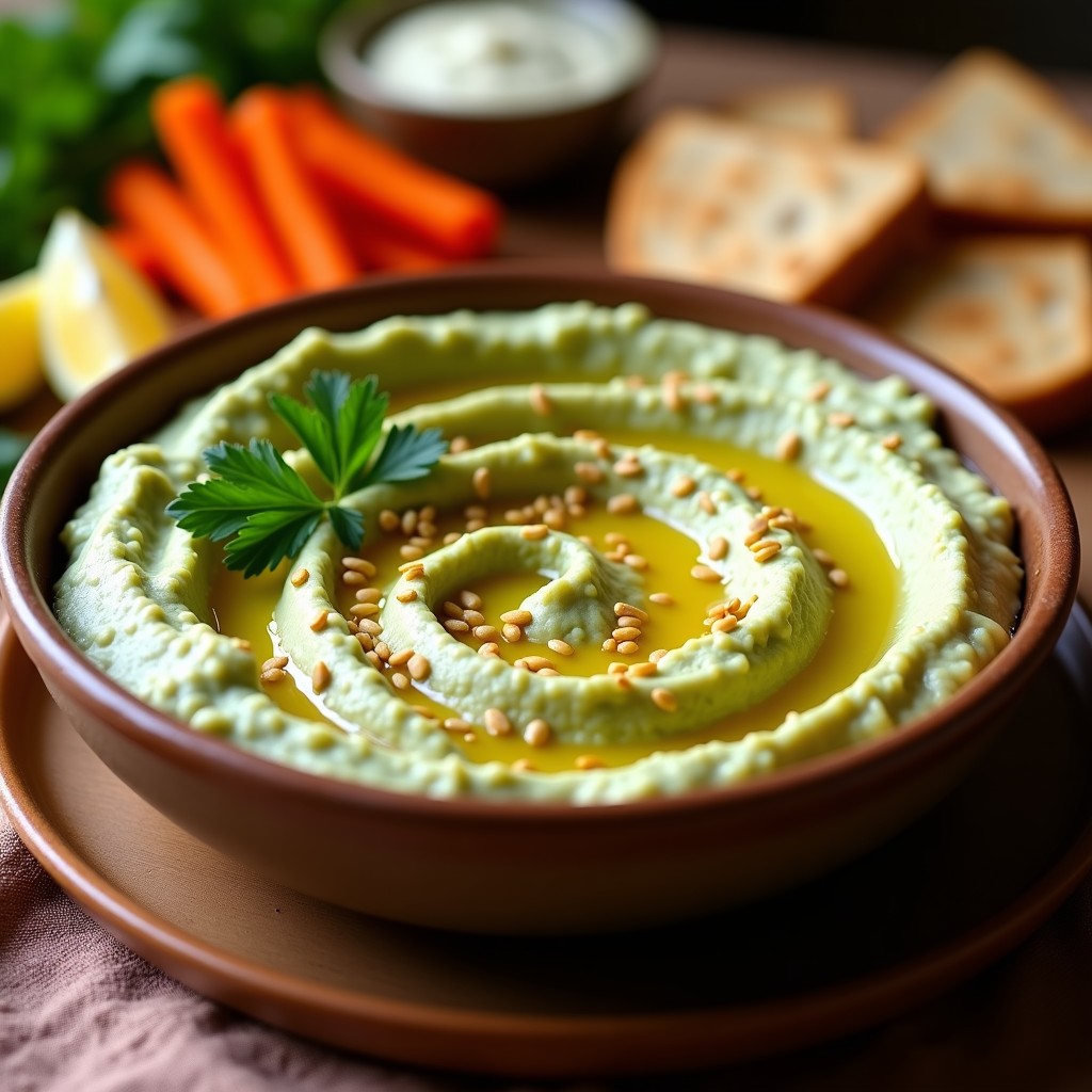 Hummus de cilantro y limón en cuenco rústico con superficie dorada por el airfryer, decorado con semillas de sésamo y rodajas de limón, acompañado de pan integral y zanahorias.