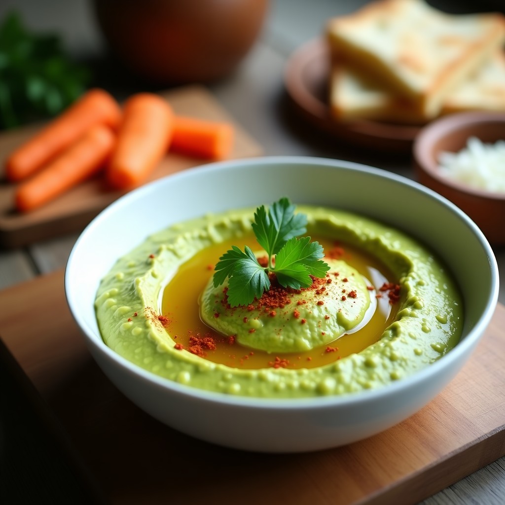 Bol de cerámica blanca con hummus de cilantro y limón cremoso, decorado con aceite de oliva, pimentón y hojas de cilantro fresco, acompañado de pan pita y zanahorias crudas.