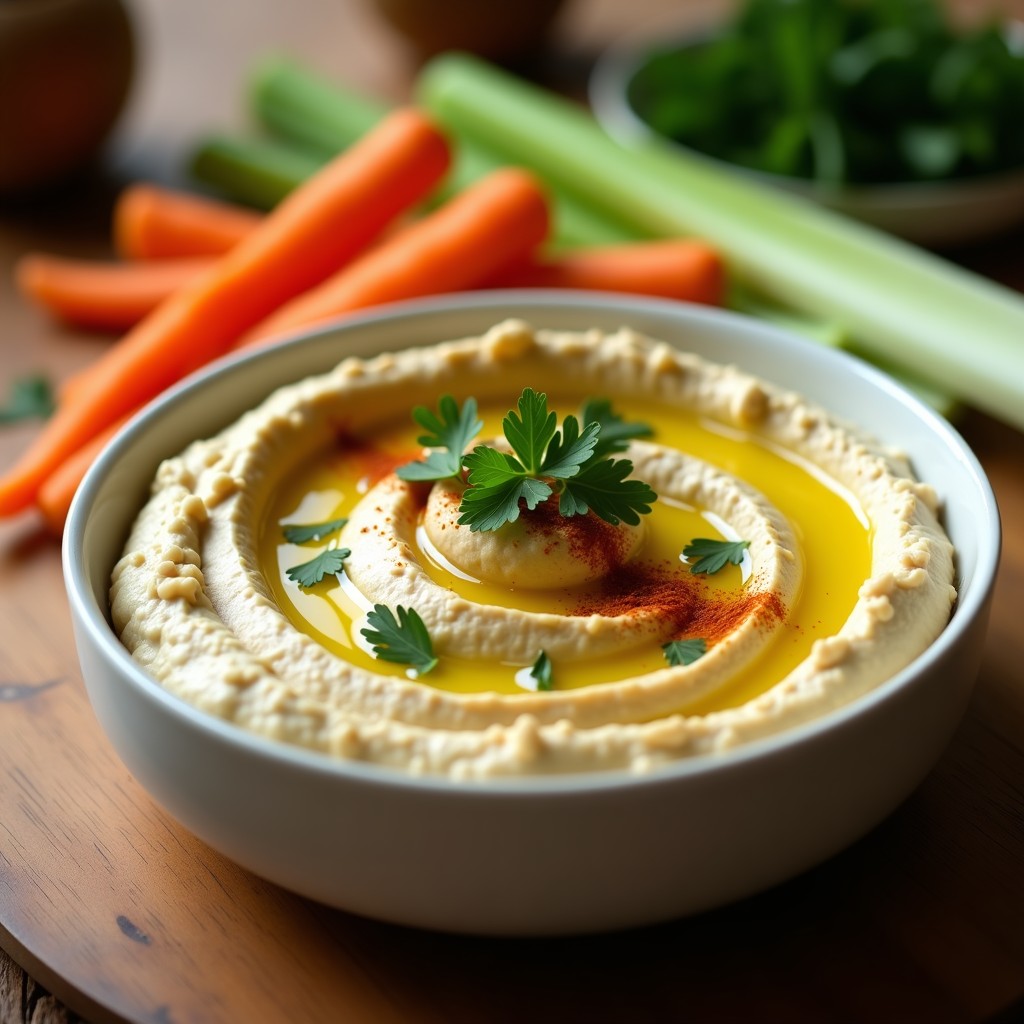Bol de hummus de coliflor ahumada en airfryer, cremoso y decorado con perejil fresco, aceite de oliva y pimentón, acompañado de bastones de zanahoria y apio.