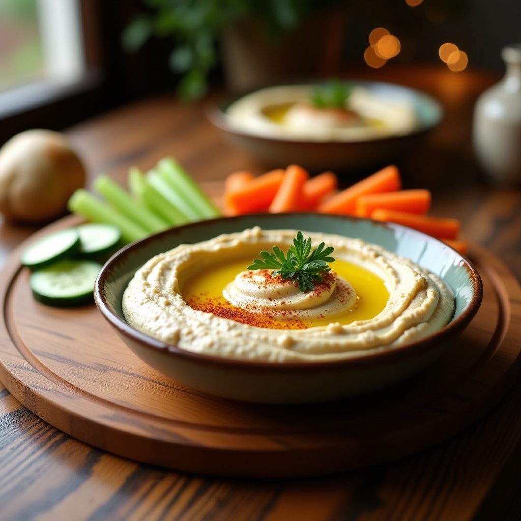 Bowl de hummus de coliflor en airfryer, cremoso y dorado, decorado con perejil fresco, pimentón ahumado y un hilo de aceite de oliva, acompañado de bastones de zanahoria y apio.