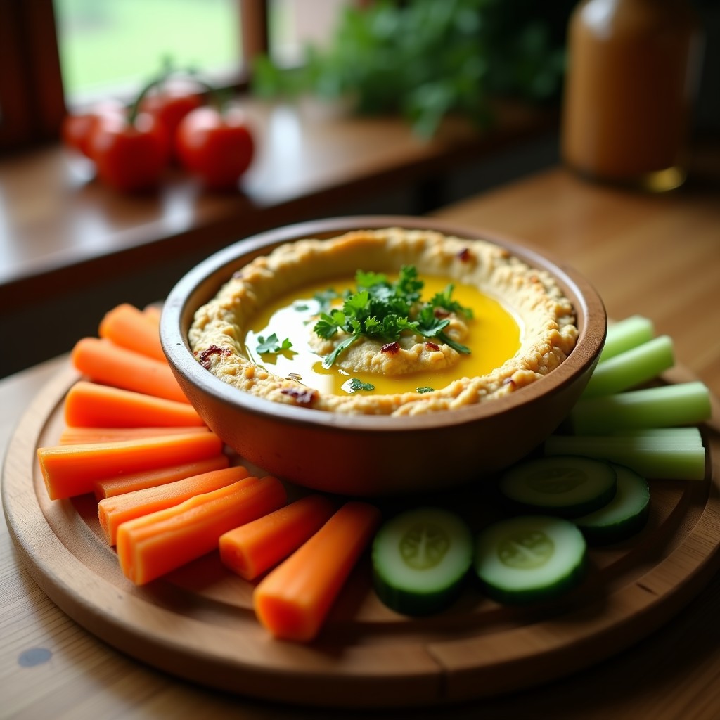 Bol de hummus de coliflor asado ahumado cremoso, decorado con perejil picado y un hilo de aceite de oliva, acompañado de crudités de zanahoria y apio sobre una tabla de madera rústica.