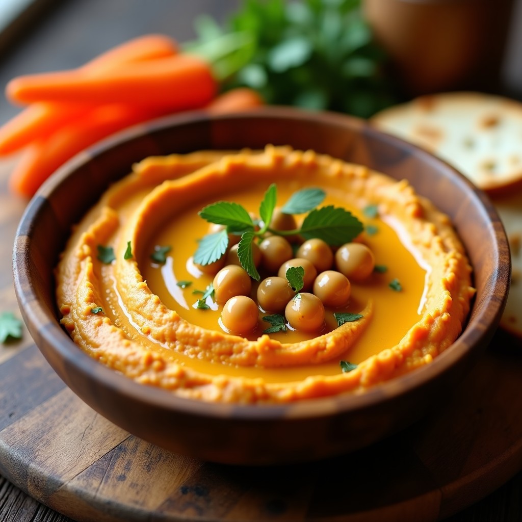 Bol de hummus de batata asada ahumada con textura cremosa, decorado con garbanzos, perejil fresco y un hilo de aceite de oliva virgen extra sobre fondo rústico de madera.