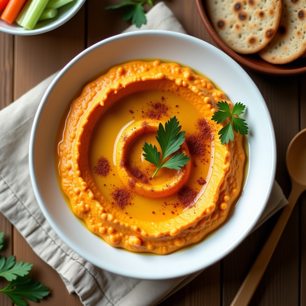 Bol de cerámica blanca con hummus cremoso de batata asada, decorado con hilo de aceite de oliva, pimentón y perejil fresco. Acompañado de bastones de zanahoria y pan de pita integral.