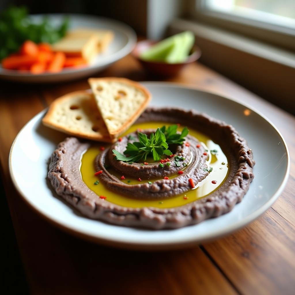 Bol de cerámica blanca con hummus de berenjena ahumada cremoso, decorado con perejil fresco, pimentón ahumado y un hilo de aceite de oliva, acompañado de pan de pita tostado y bastones de zanahoria.