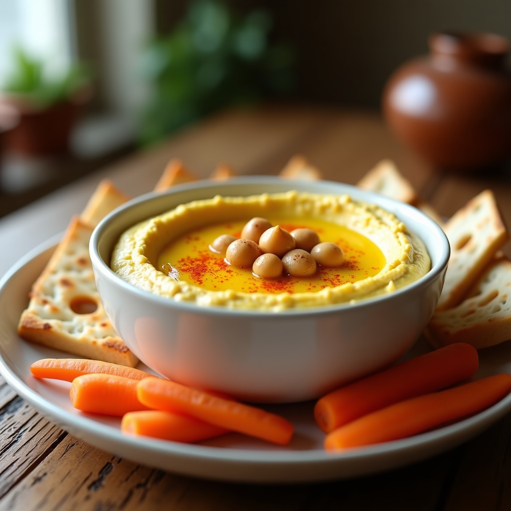 Bol de cerámica blanca con hummus cremoso de color dorado por la cúrcuma, decorado con pimentón y aceite de oliva, acompañado de pan pita tostado y zanahorias baby, receta en airfryer.