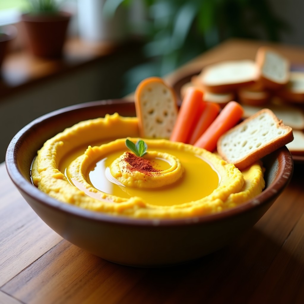 Bol de hummus de cúrcuma cremoso en Thermomix con decoración de pimentón y aceite de oliva, acompañado de bastones de zanahoria y pan sin gluten.