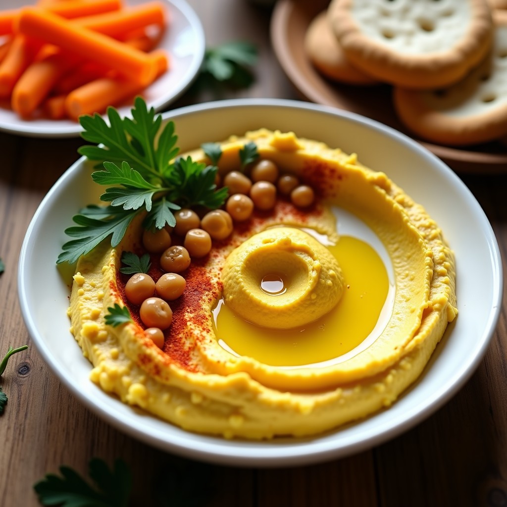 Bol de cerámica blanca con hummus de cúrcuma cremoso, dorado y decorado con garbanzos tostados, perejil fresco, pimentón y un chorrito de aceite de oliva, servido con pan pita y zanahorias crudas.