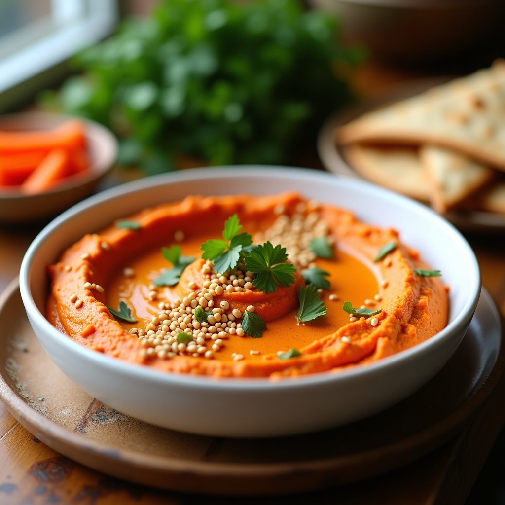 Bol de cerámica blanca con hummus de curry rojo cremoso, decorado con tahini crujiente dorado, semillas de sésamo, perejil fresco y pizca de cayena, acompañado de pan de pita y zanahorias crudas.