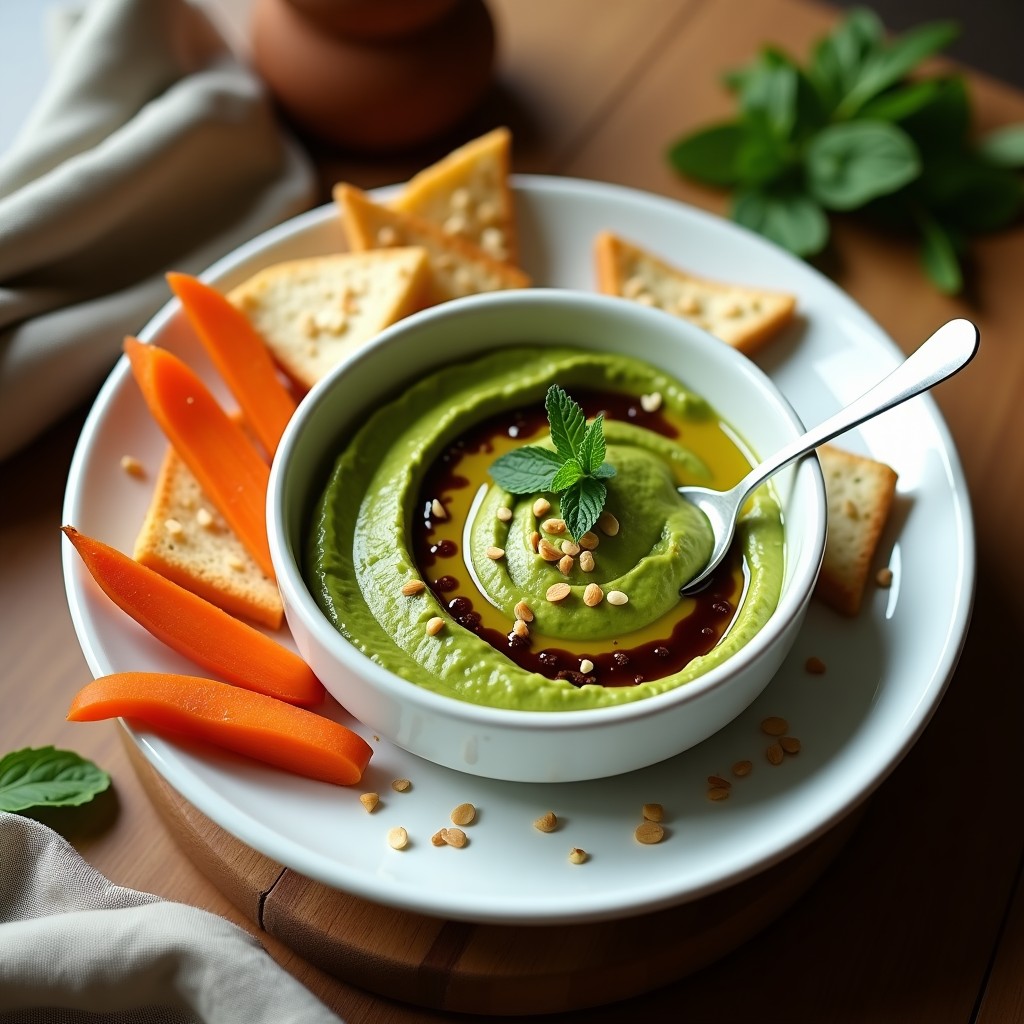 Bol de cerámica blanca con hummus de guisantes verde vibrante, decorado con aceite de trufa negra brillante, semillas de sésamo tostadas y hojas de hierbabuena. Acompañado de pan de pita tostado y bastones de zanahoria sobre una tabla de madera rústica.