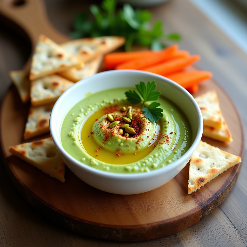Bol de cerámica blanca con hummus de guisantes cremoso, decorado con aceite de pistacho brillante, pistachos picados y pimentón espolvoreado. Acompañado de bastones de zanahoria y apio crudos sobre un mantel rústico de lino.
