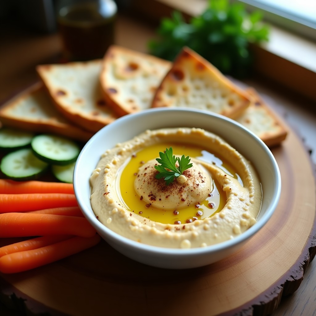 Bol de cerámica blanca con hummus de habas cremoso, decorado con aceite de sésamo tostado, comino molido y perejil fresco. Acompañado de pan de pita tostado y zanahorias crudas en rodajas, sobre una tabla de madera rústica.