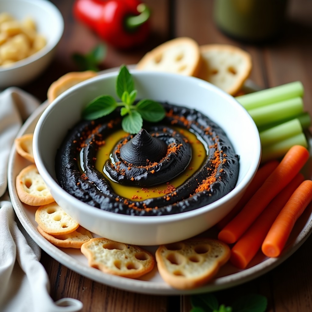 Bol de cerámica blanca con hummus de habas negras cremoso, decorado con hilo de aceite de oliva, comino espolvoreado y hojas de menta fresca. Acompañado de pan de pita tostado y bastones de zanahoria en un fondo rústico de madera. Receta árabe vegana en Thermomix.