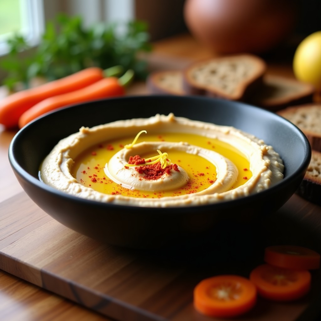Bol de cerámica negra con hummus de habas cremoso, decorado con aceite de oliva virgen extra infusionado con cáscara de limón y espolvoreado con pimentón de la Vera. Acompañado de pan de centeno tostado y crudités de zanahoria en un fondo rústico de madera.