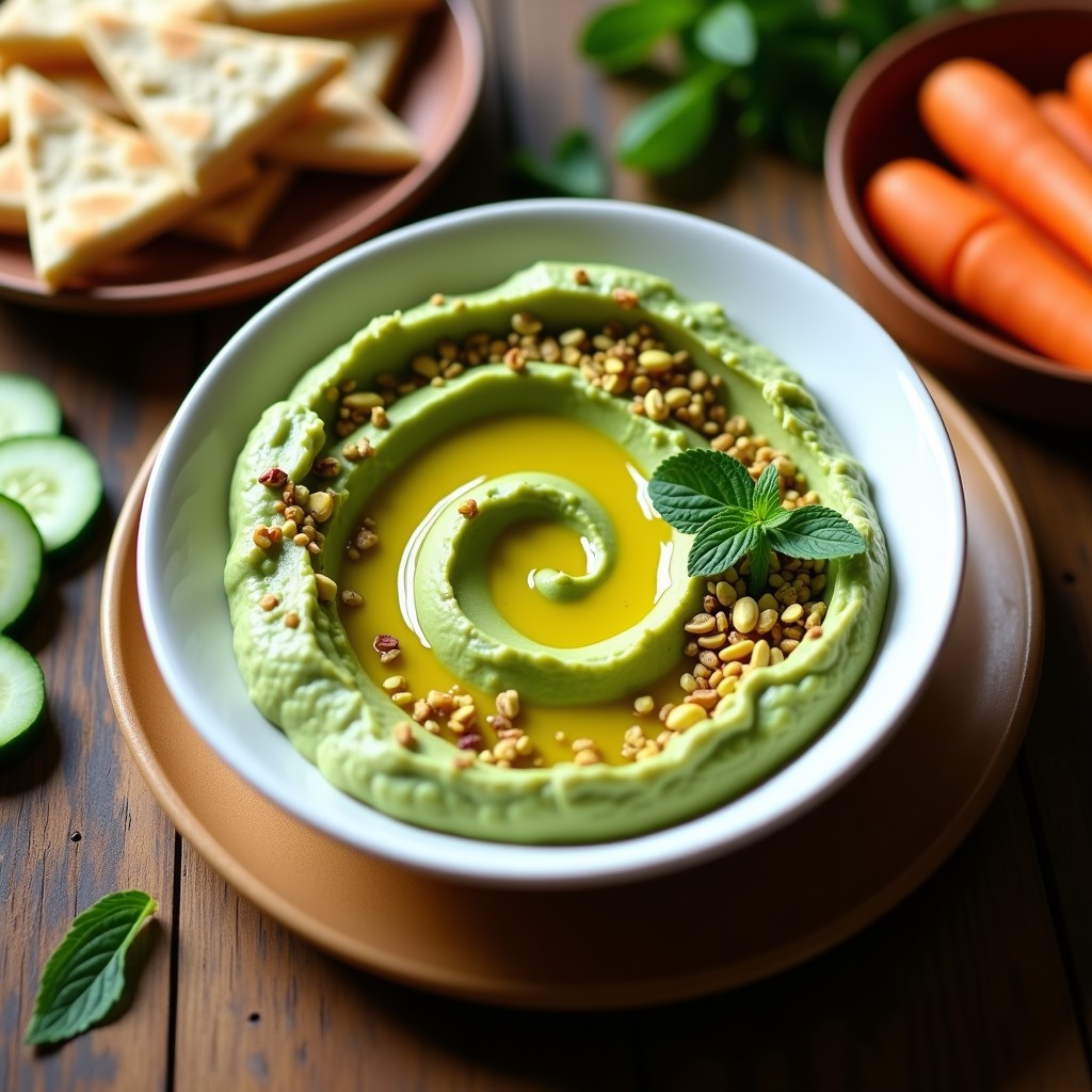 Bol de cerámica blanca con hummus de habas verdes cremoso, decorado con aceite de pistacho dorado, pistachos picados y hojas de menta fresca. Acompañado de pan de pita tostado y rodajas de zanahoria.