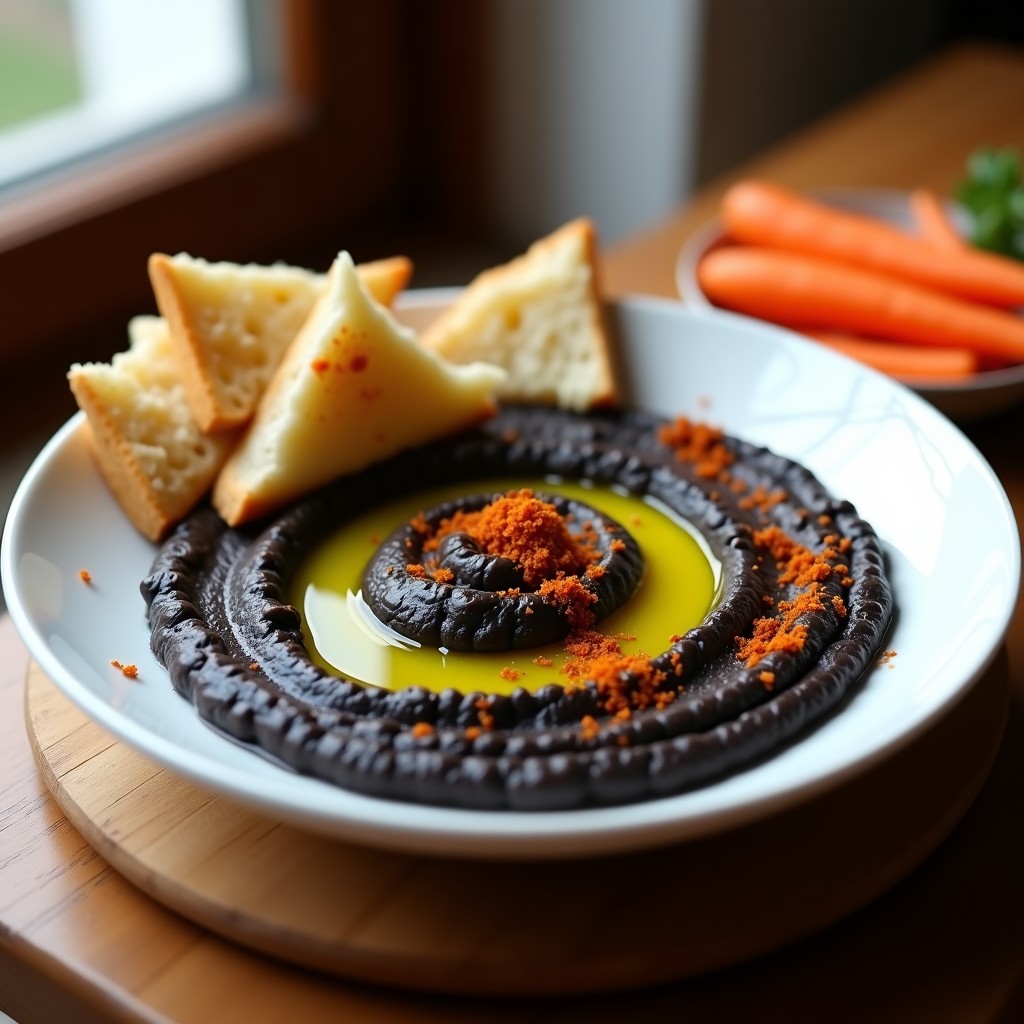 Bol de cerámica blanca con hummus de lentejas beluga cremoso, decorado con hilo de aceite de azafrán dorado, hebras de azafrán, perejil fresco y semillas de granada. Acompañado de pan de pita y bastones de zanahoria sobre fondo de madera rústica.