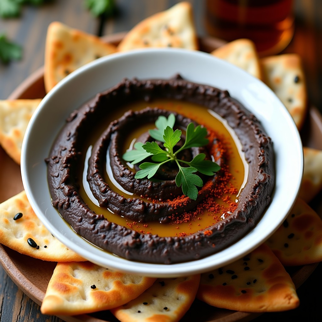 Bol de barro con hummus de lentejas negras y tahini cremoso, decorado con aceite de oliva, semillas de sésamo y pimentón dulce, acompañado de crujientes triángulos de pan pita dorados. Receta árabe en Thermomix con toque auténtico.