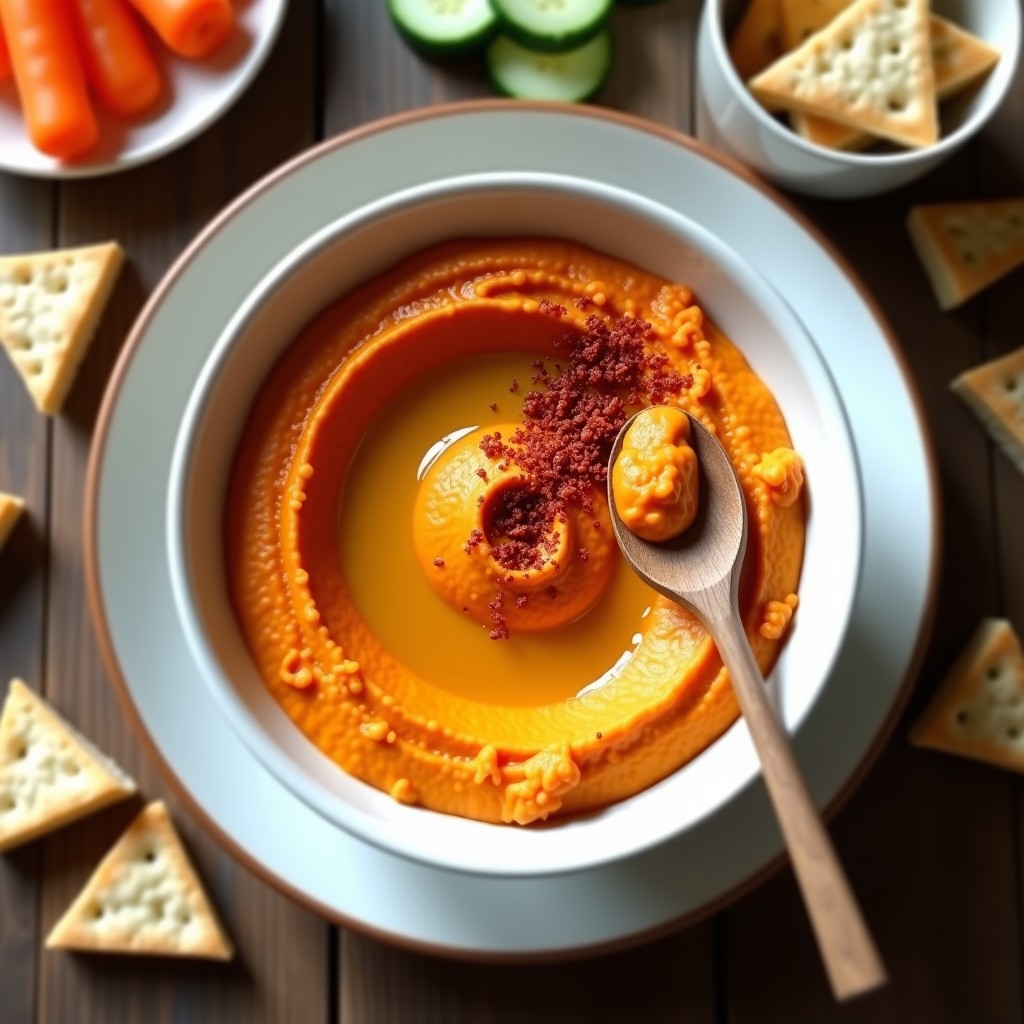 Bol de cerámica blanca con hummus de lentejas rojas cremoso, espolvoreado con pimentón dulce y comino, acompañado de pan de pita tostado y zanahorias en rodajas. Receta vegana en Thermomix sin garbanzos.