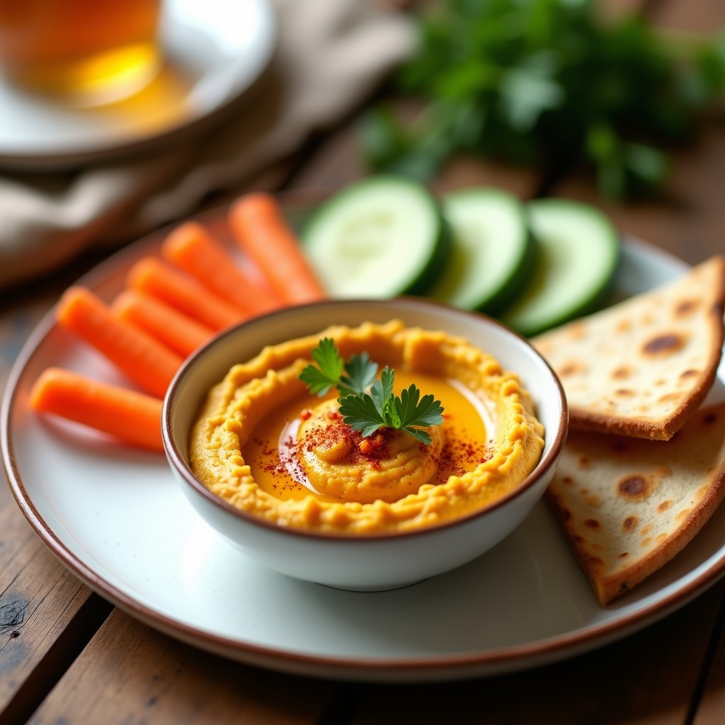 Bol de cerámica blanca con hummus de lentejas rojas y cúrcuma, decorado con perejil fresco, pimentón y un hilo de aceite de oliva. Acompañado de bastones de zanahoria y pan de pita tostado, receta Thermomix antiinflamatoria.