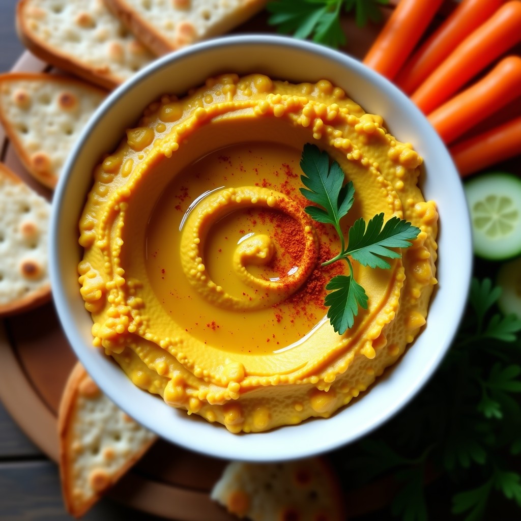 Bol de cerámica blanca con hummus de lentejas rojas y cúrcuma, decorado con perejil fresco, pimentón y un hilo de aceite de oliva, acompañado de bastones de zanahoria y pan integral tostado.