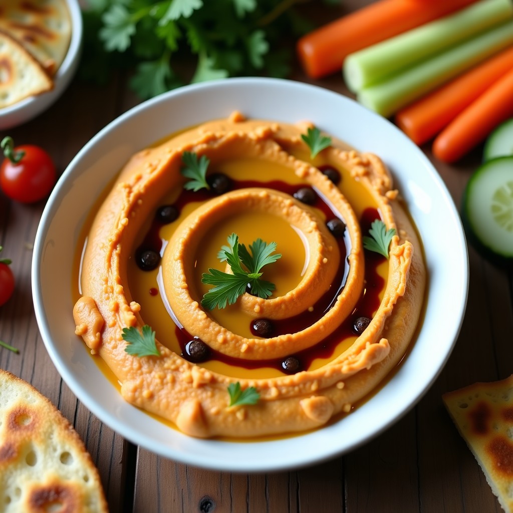 Bol de cerámica blanca con hummus de lentejas rojas cremoso, decorado con aceite de trufa negra y perejil fresco, acompañado de bastones de zanahoria y pan de pita tostado. Receta vegana sin garbanzos.