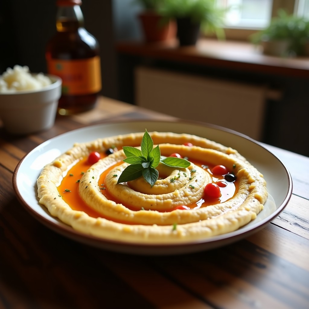 Bol de cerámica negro con hummus de morcilla vegana en airfryer, cremoso y con trozos crujientes, decorado con perejil fresco y aceite de oliva, acompañado de bastones de zanahoria y apio.